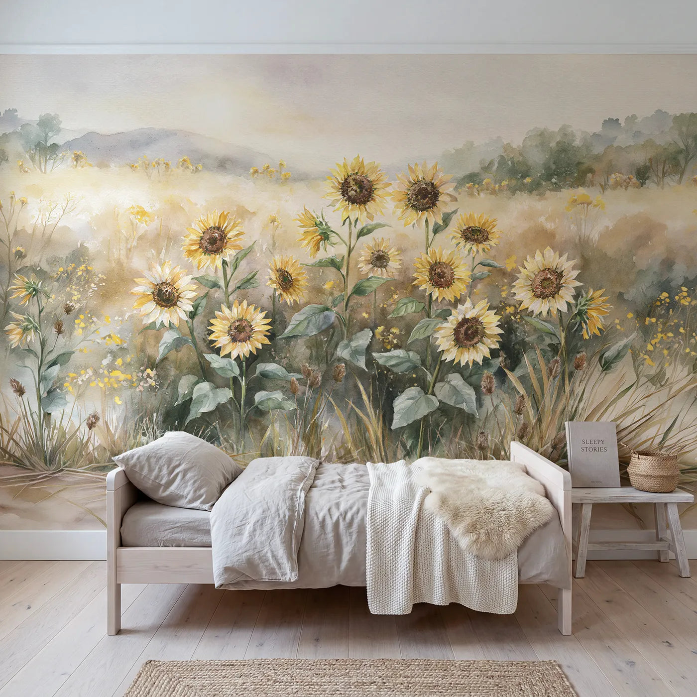 Watercolor wall mural of a warm sunflower meadow by Whimsy Tots