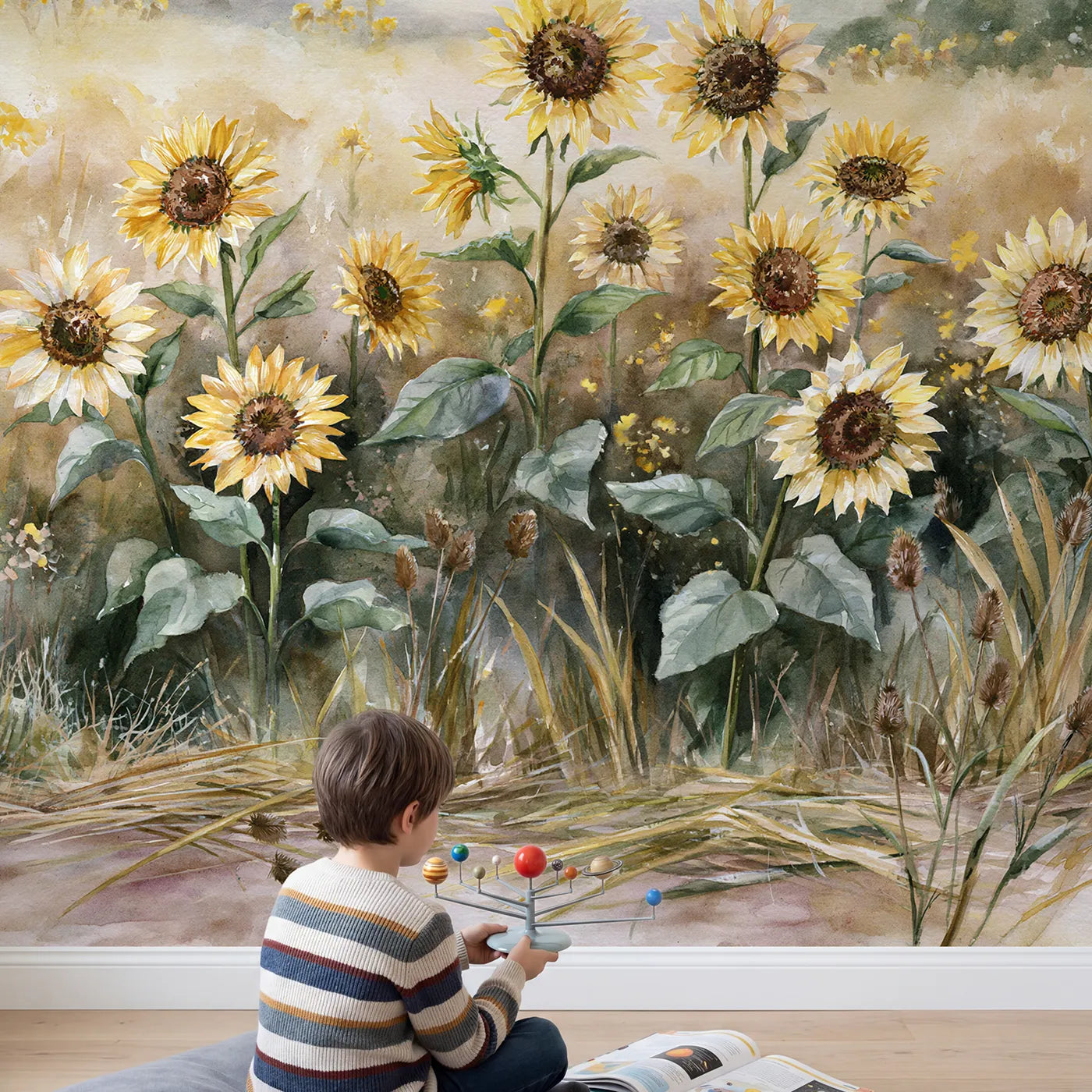 Child in nursery with Sunflower Meadow Study Wallpaper Mural by Whimsy Tots