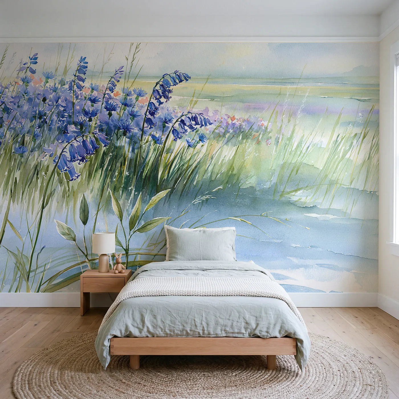 Watercolor wall mural of a calm bluebell meadow by Whimsy Tots