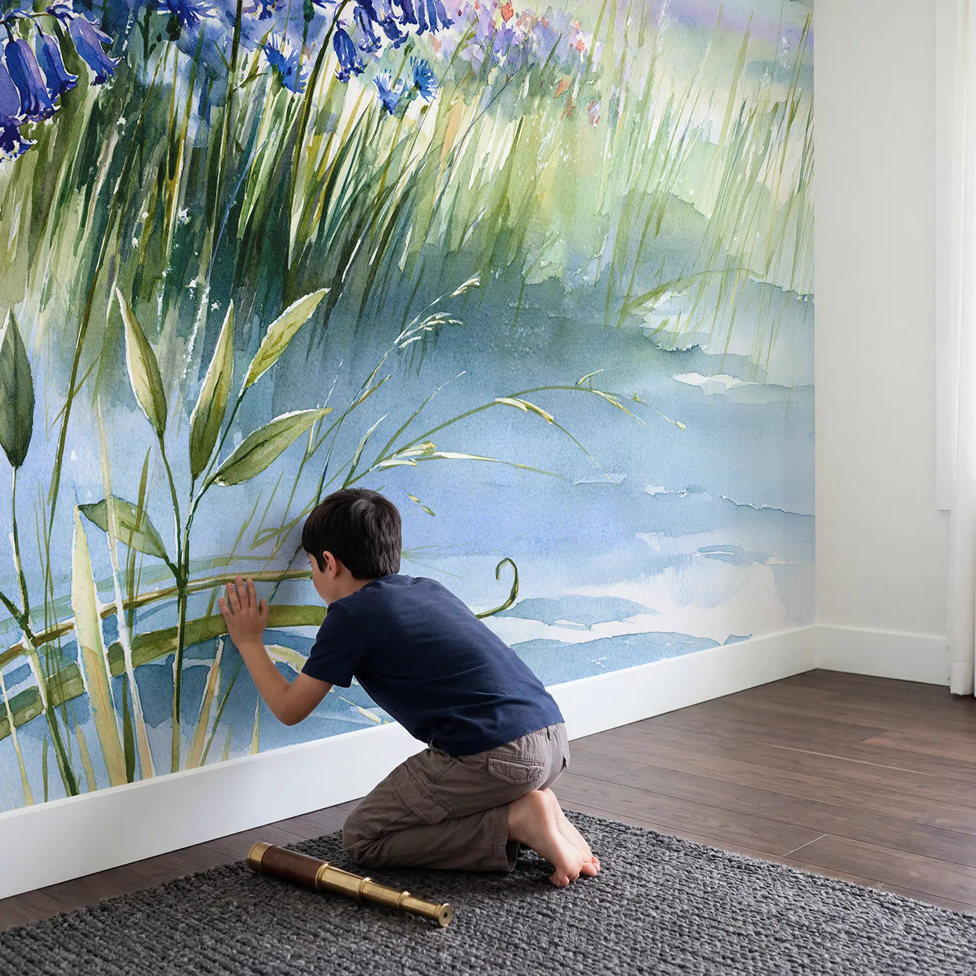 Child in nursery with Bluebell Meadow Study Wallpaper Mural by Whimsy Tots