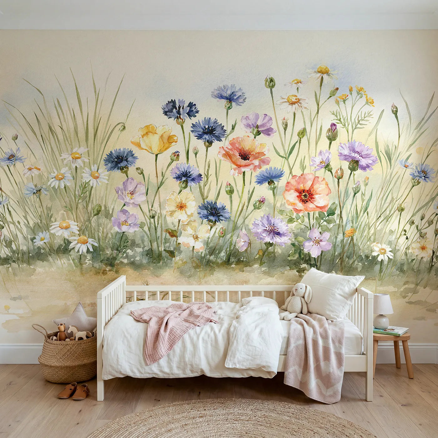 Watercolor wall mural of mixed muted wildflowers by Whimsy Tots