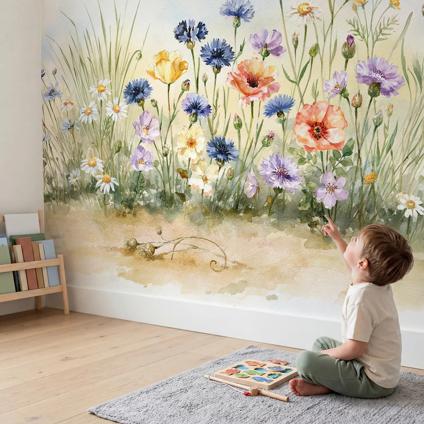Child in nursery with Mixed Meadow Blooms Wallpaper Mural by Whimsy Tots