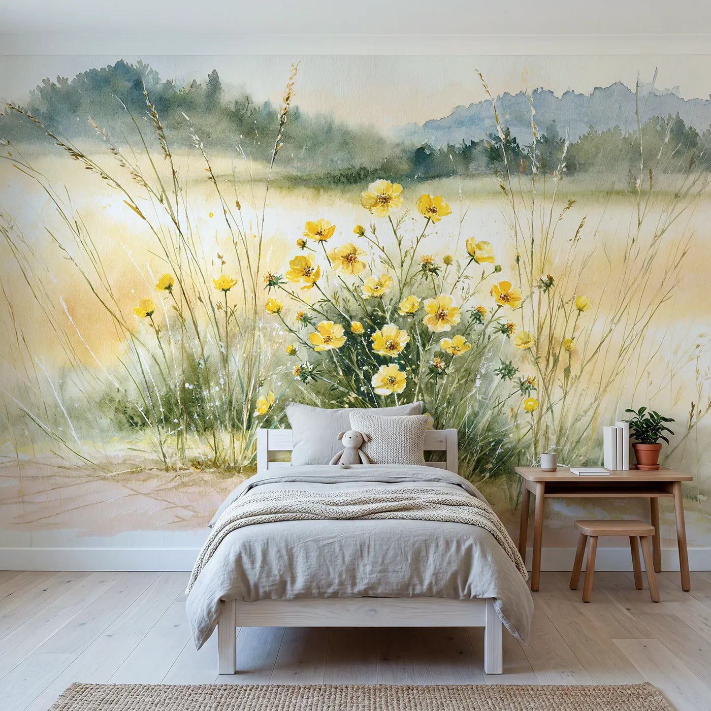Watercolor wall mural of a soft buttercup patch by Whimsy Tots