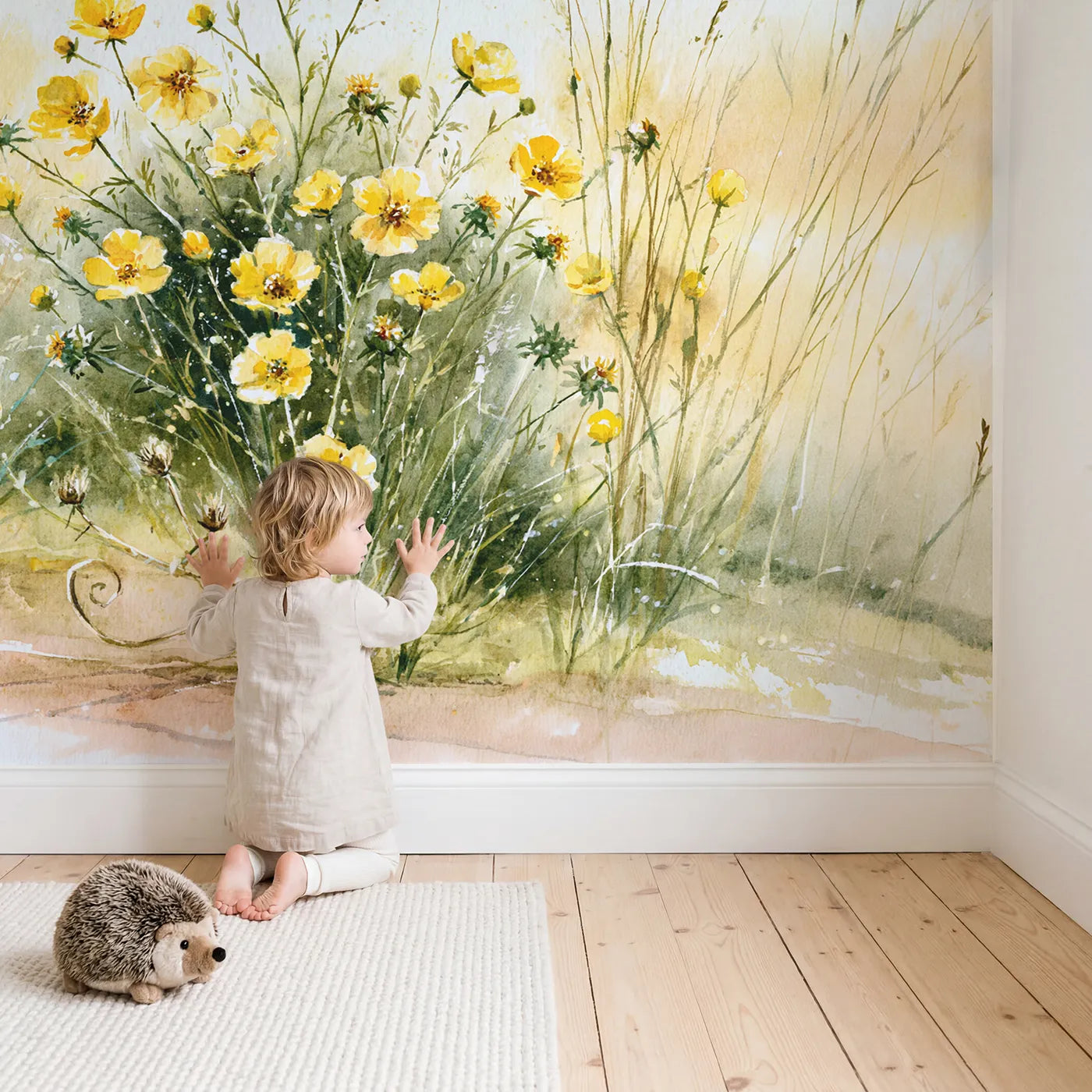 Child in nursery with Buttercup Patch Study Wallpaper Mural by Whimsy Tots
