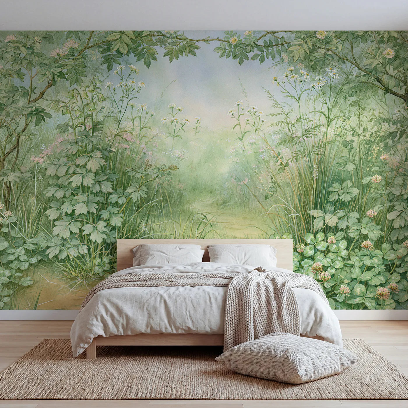 Storybook wall mural of a winding meadow flower path by Whimsy Tots