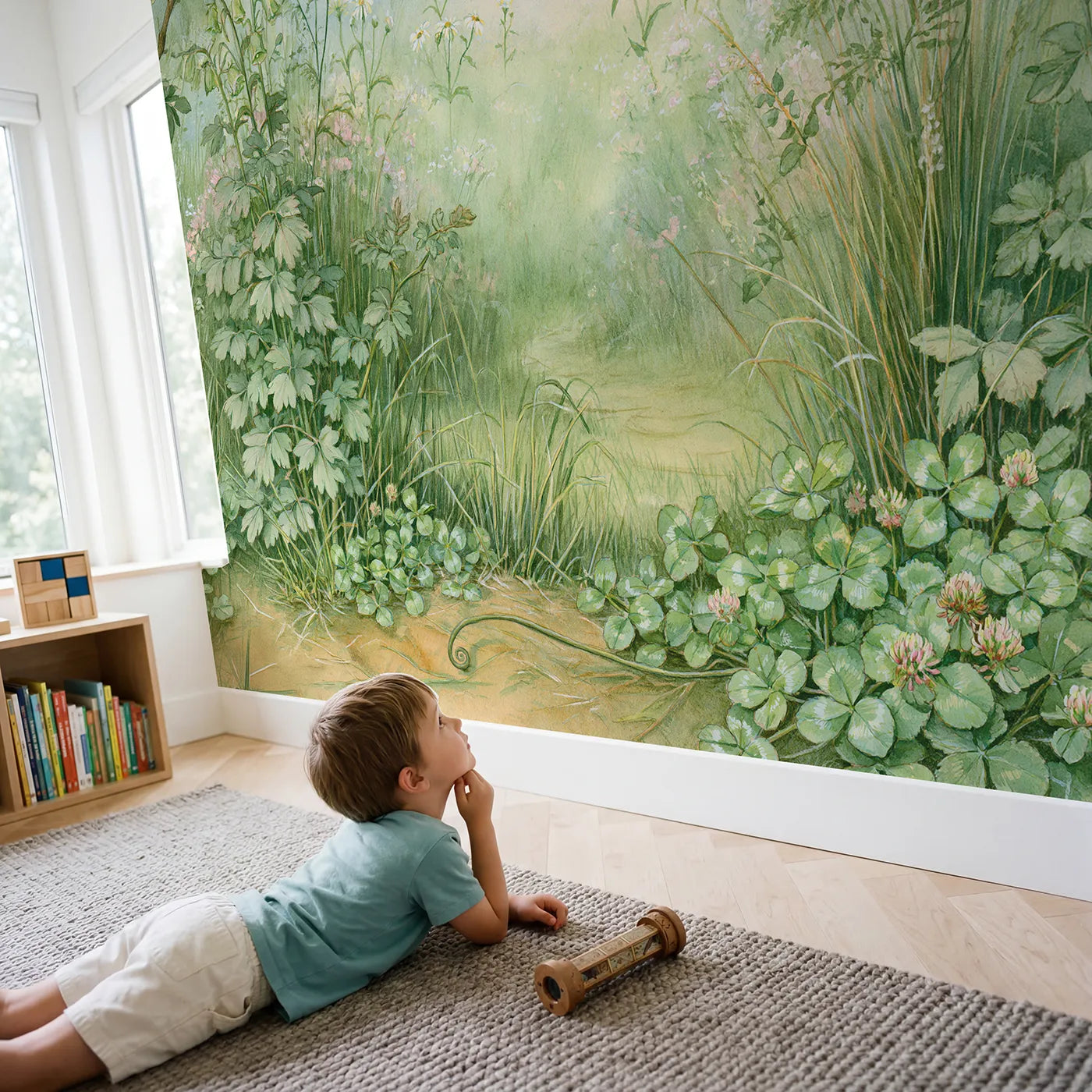 Child in nursery with Meadow Flower Stroll Wallpaper Mural by Whimsy Tots