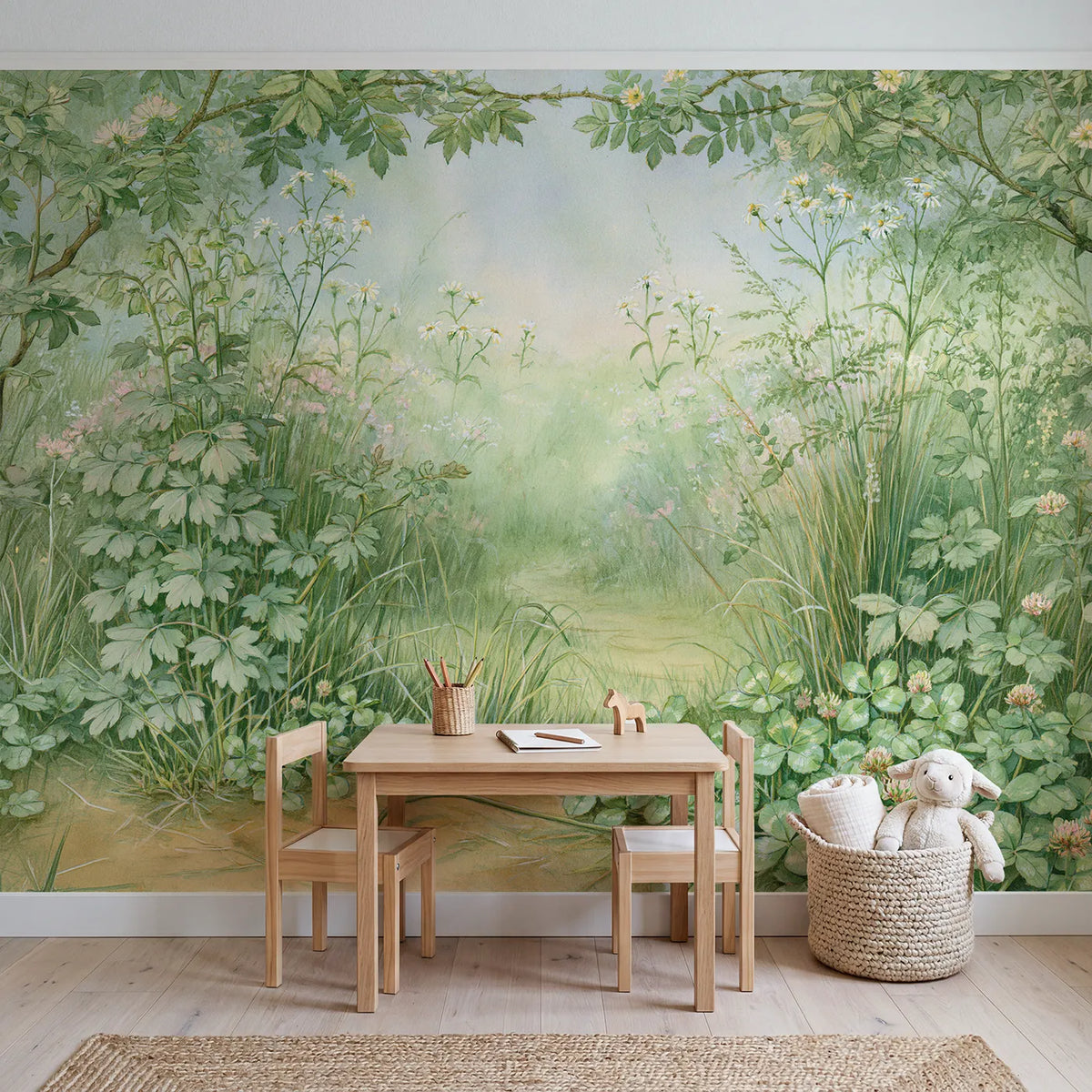 Meadow Flower Stroll Wallpaper Mural in playroom setting by Whimsy Tots