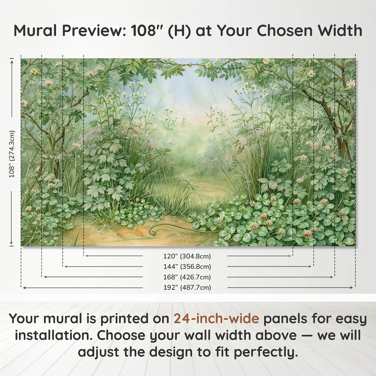 Panel layout and dimensions for Meadow Flower Stroll Wallpaper Mural by Whimsy Tots