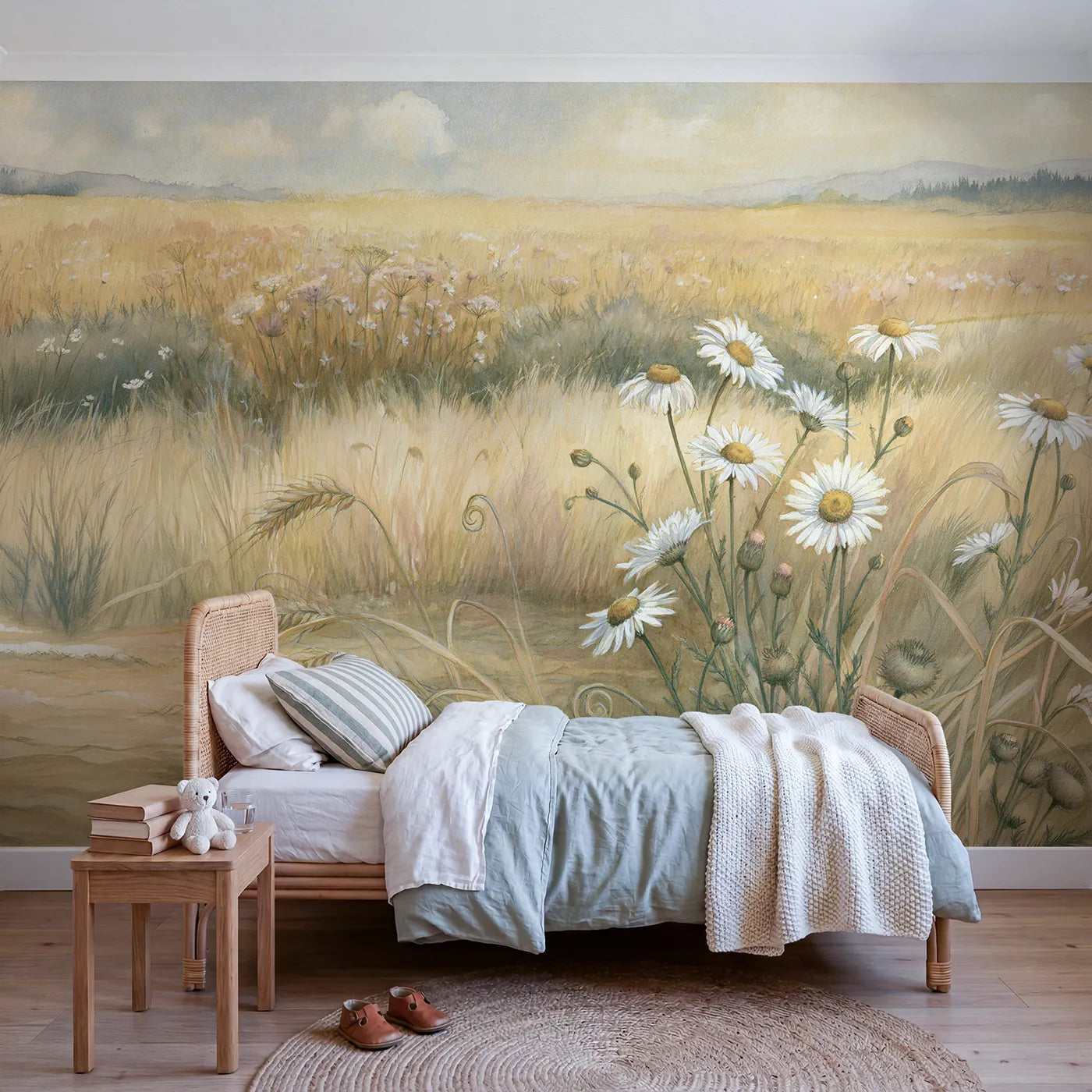 Storybook wall mural of a sunny cheerful meadow by Whimsy Tots
