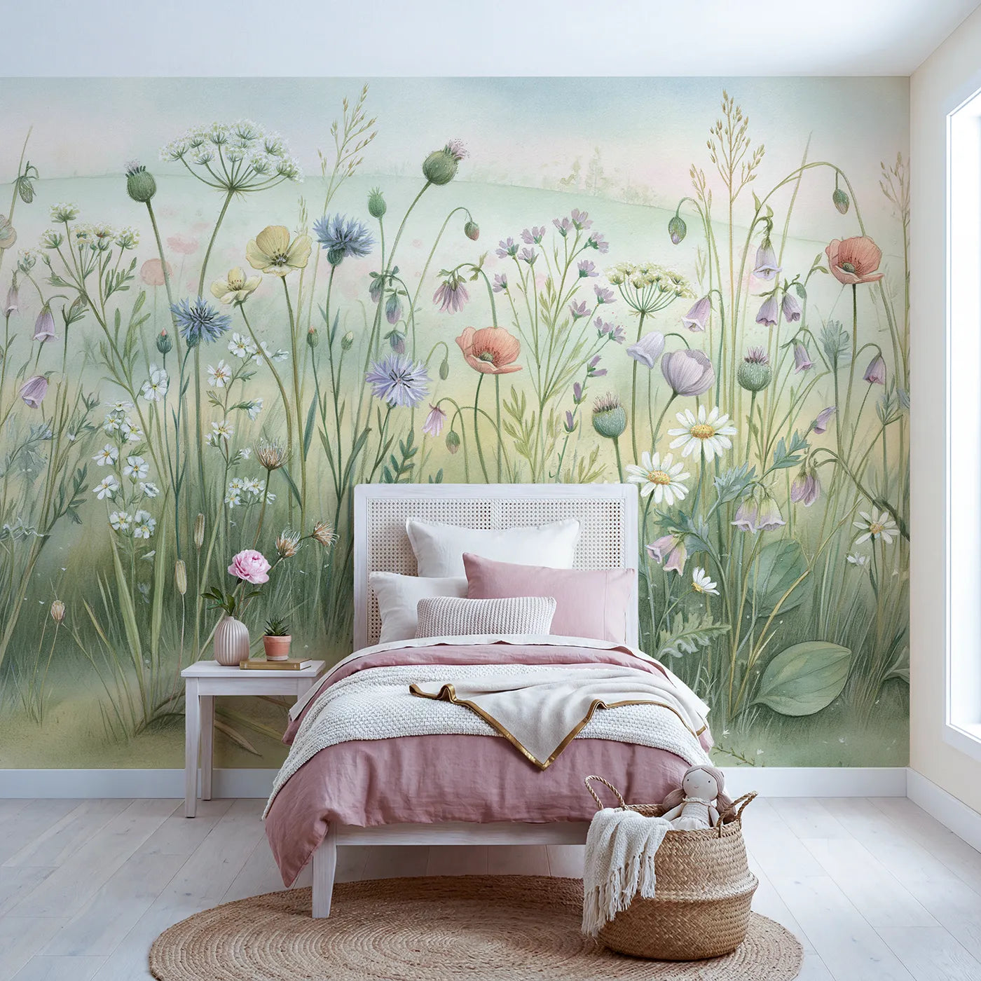 Storybook wall mural of a swaying wildflower field by Whimsy Tots