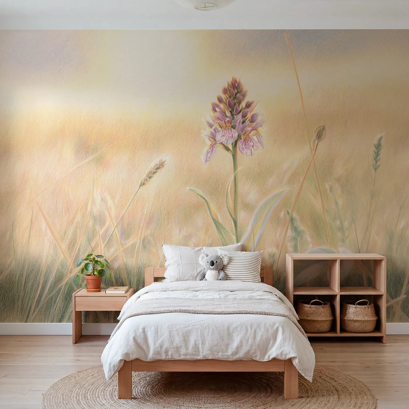 Floral wall mural of a gentle arching orchid by Whimsy Tots