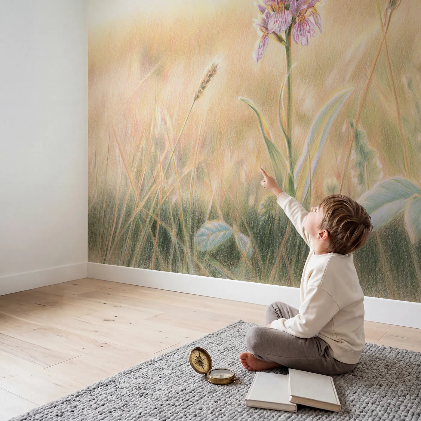 Child in nursery with Gentle Garden Orchid Wallpaper Mural by Whimsy Tots