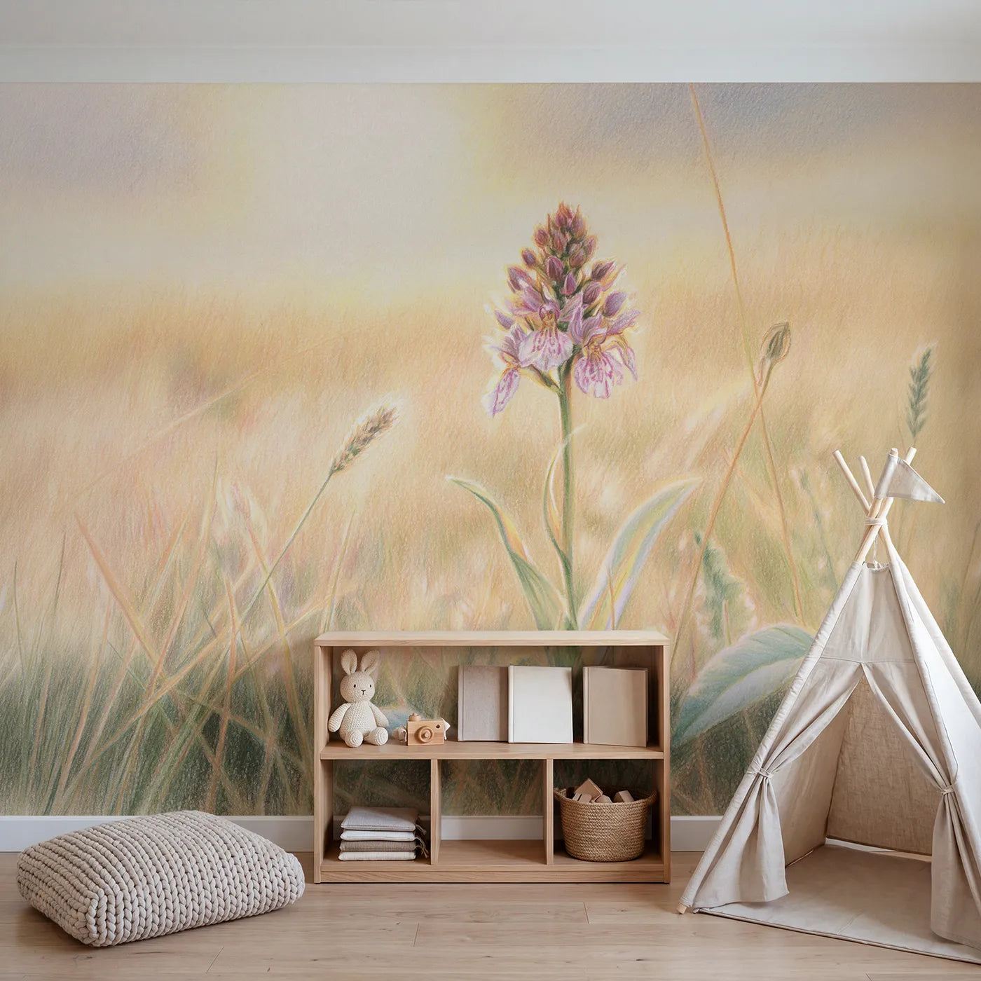 Gentle Garden Orchid Wallpaper Mural in playroom setting by Whimsy Tots