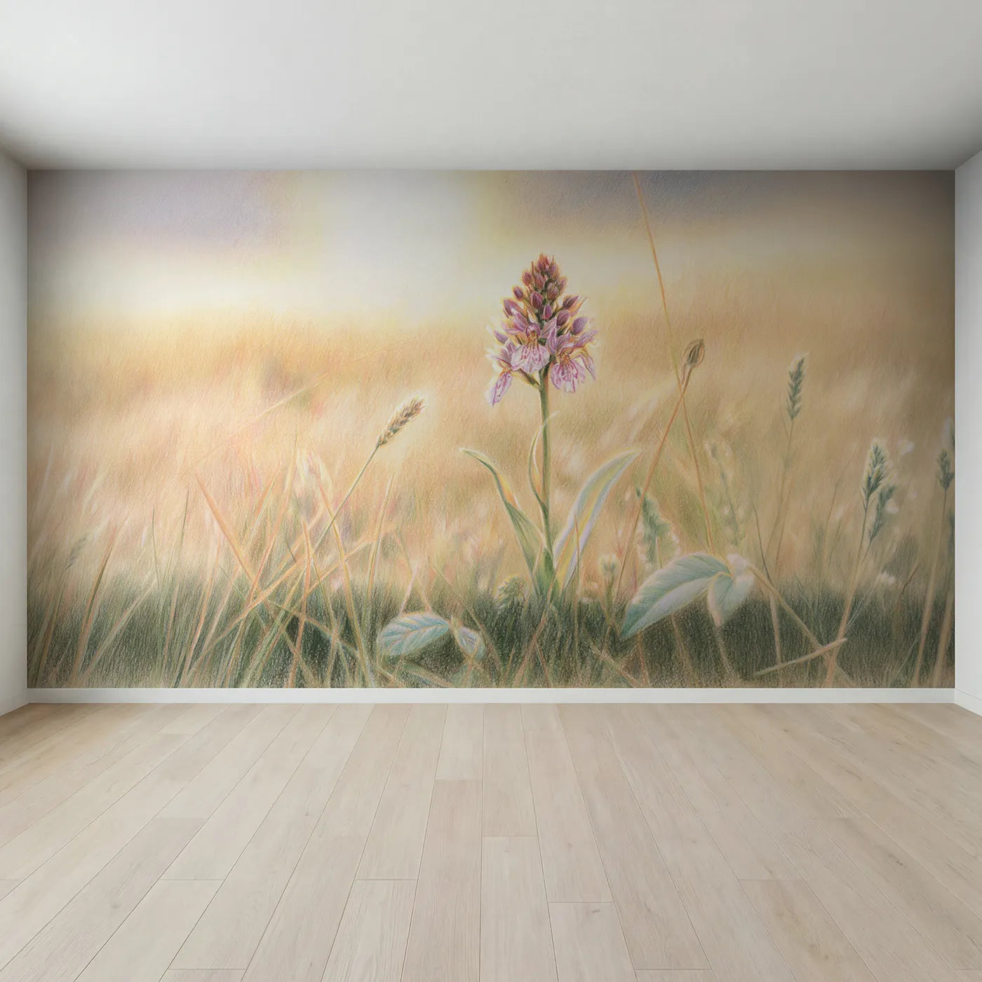 Full view of Gentle Garden Orchid Wallpaper Mural by Whimsy Tots