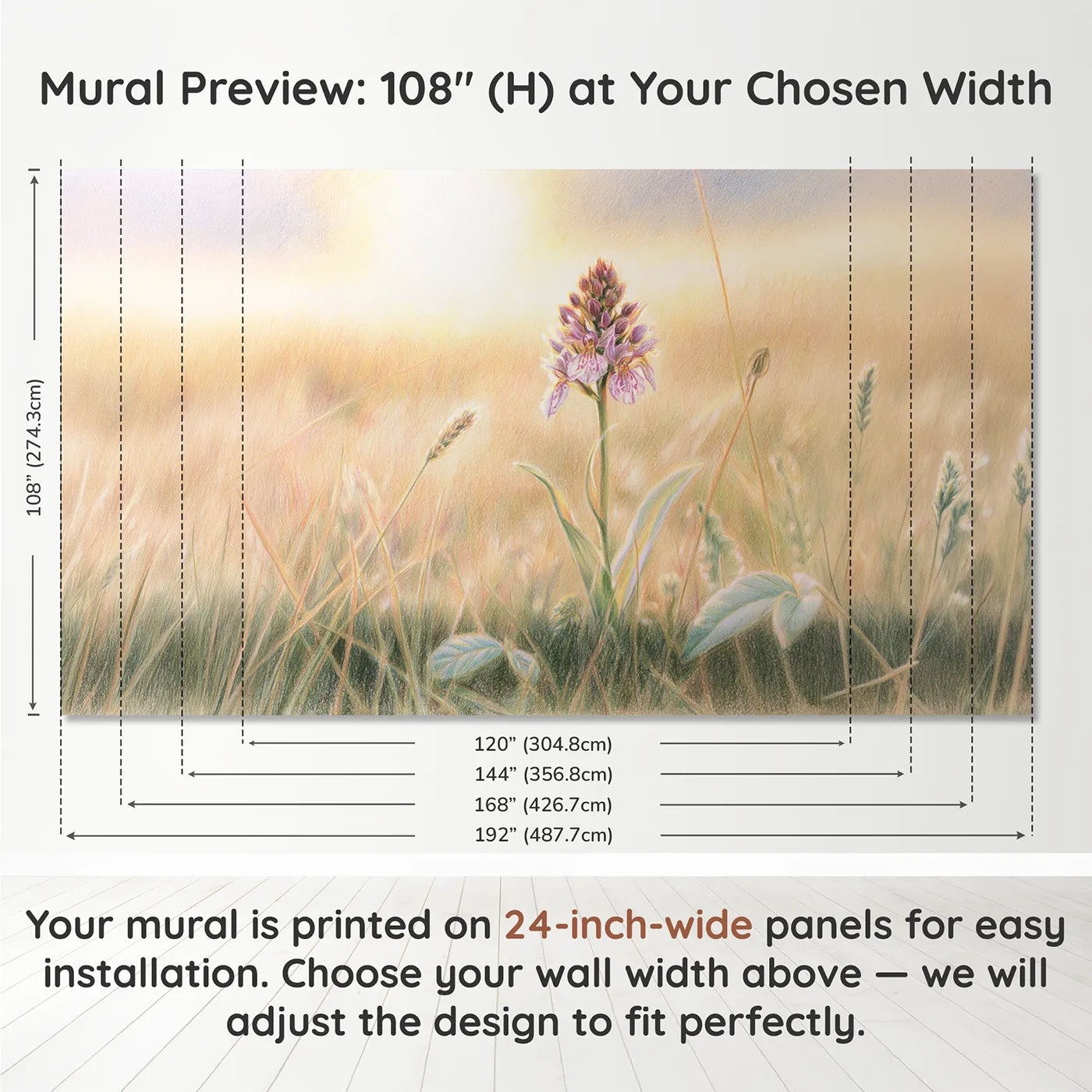 Panel layout and dimensions for Gentle Garden Orchid Wallpaper Mural by Whimsy Tots
