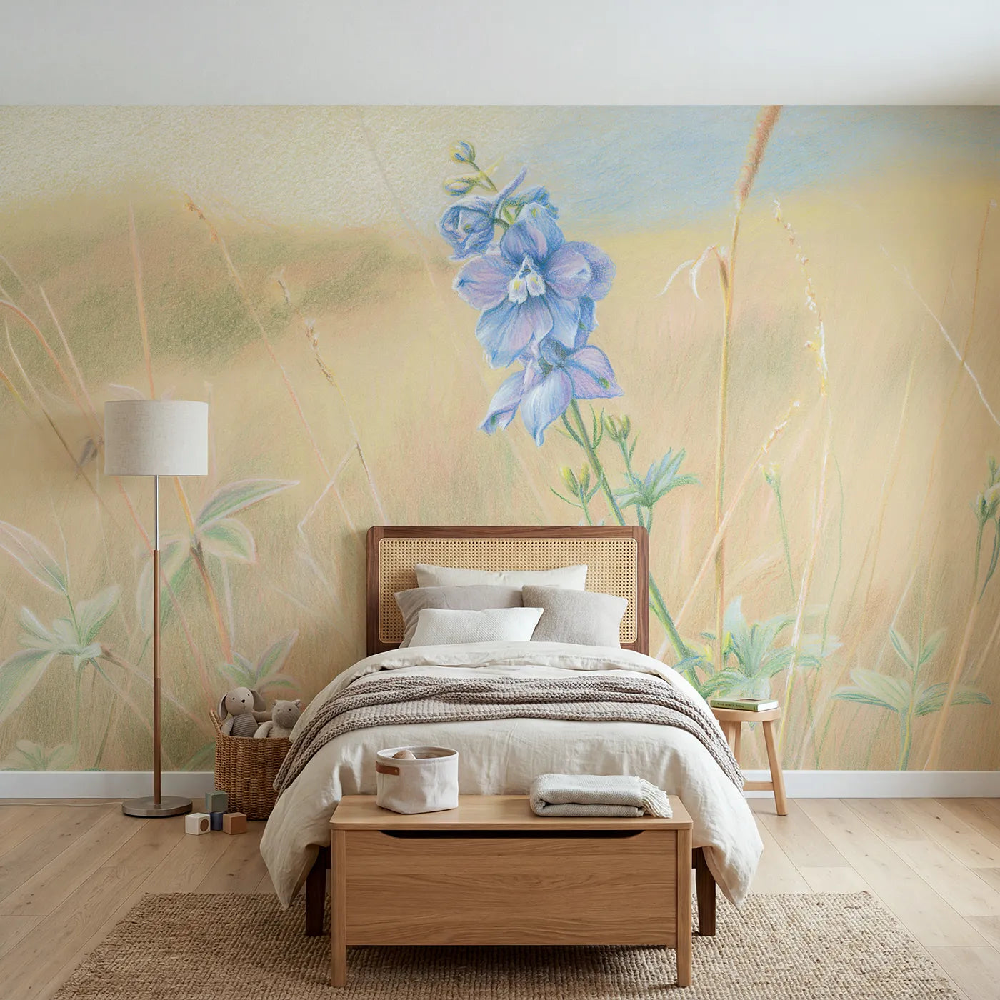 Floral wall mural of a soft blue delphinium spire by Whimsy Tots