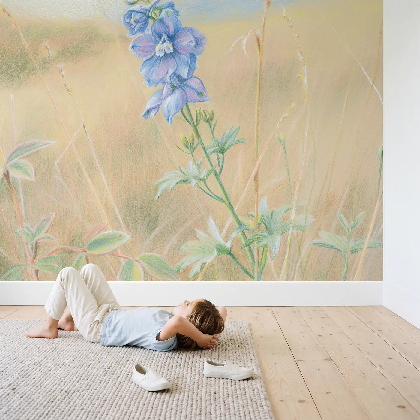 Child in nursery with Soft Delphinium Spire Wallpaper Mural by Whimsy Tots