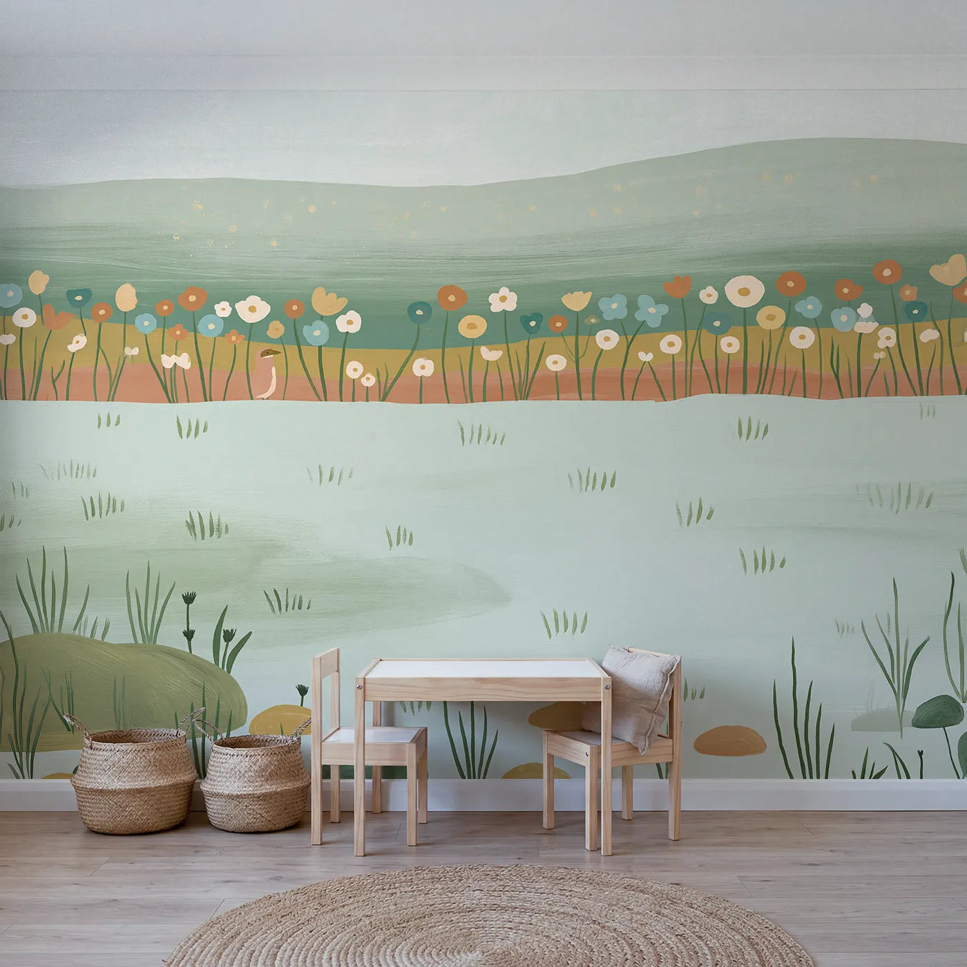 Folk gouache wall mural of a meadow flower band by Whimsy Tots