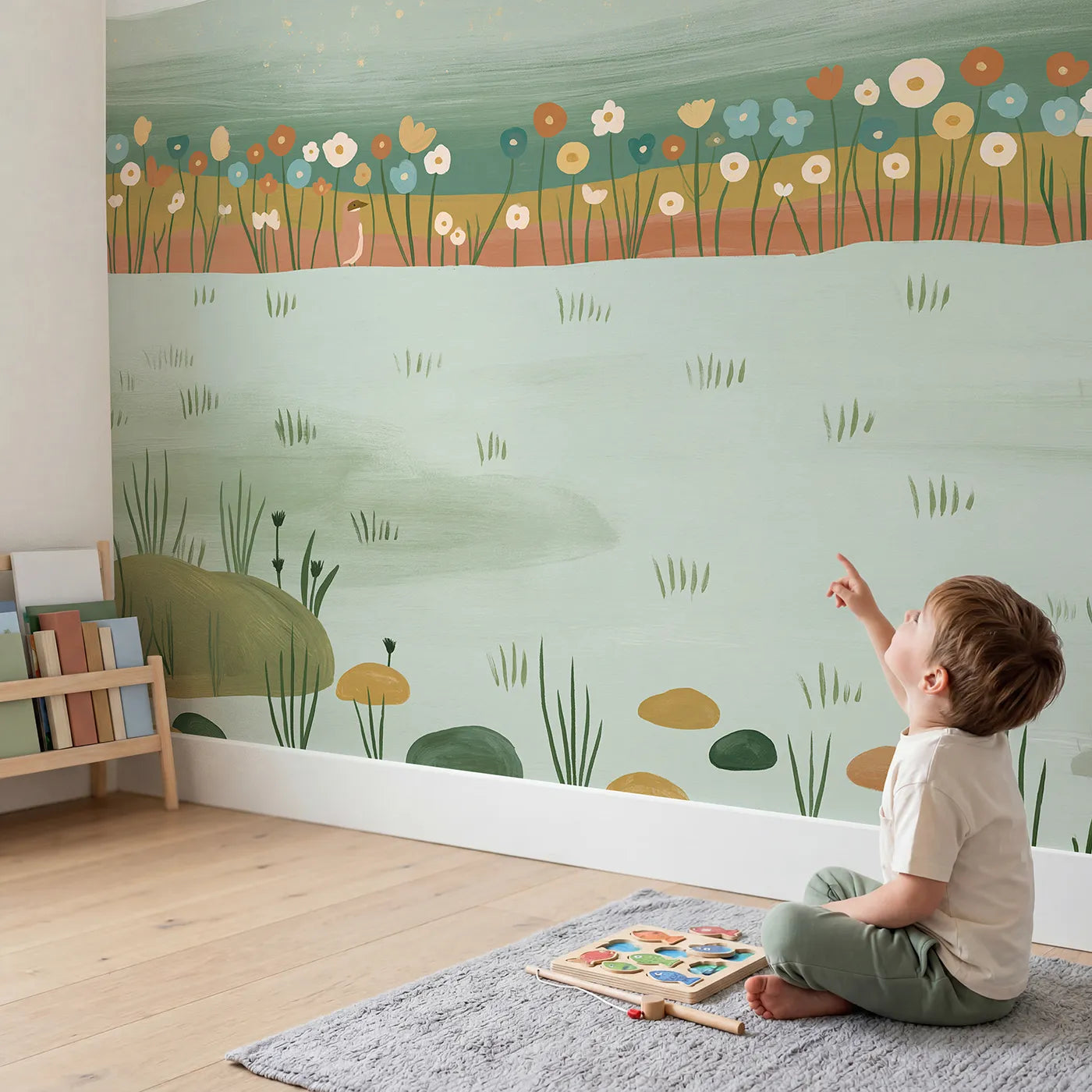 Child in nursery with Folk Meadow Flowers Wallpaper Mural by Whimsy Tots