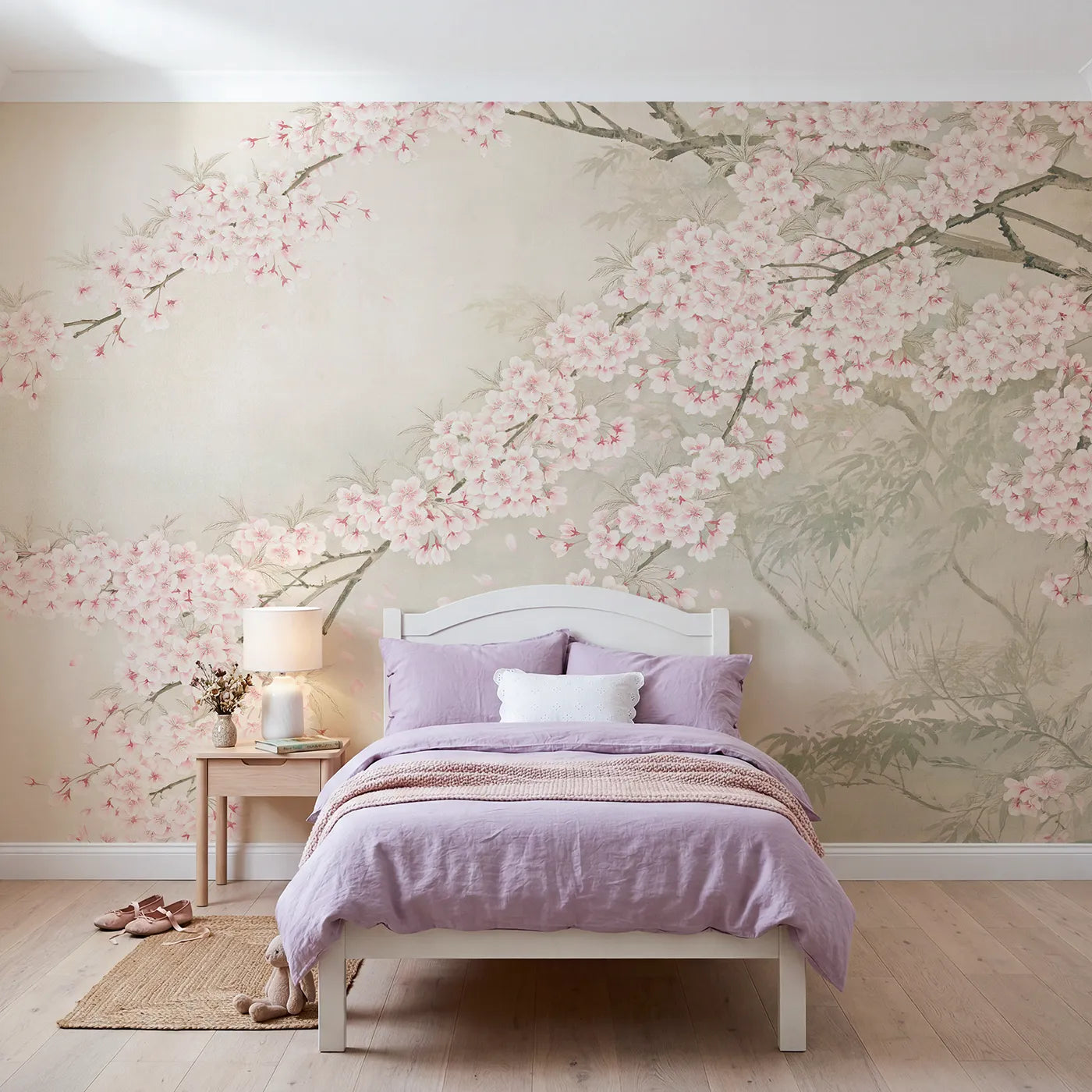 Botanical Elegance cherry boughs in full pink bloom, wall mural for a girls room by Whimsy Tots