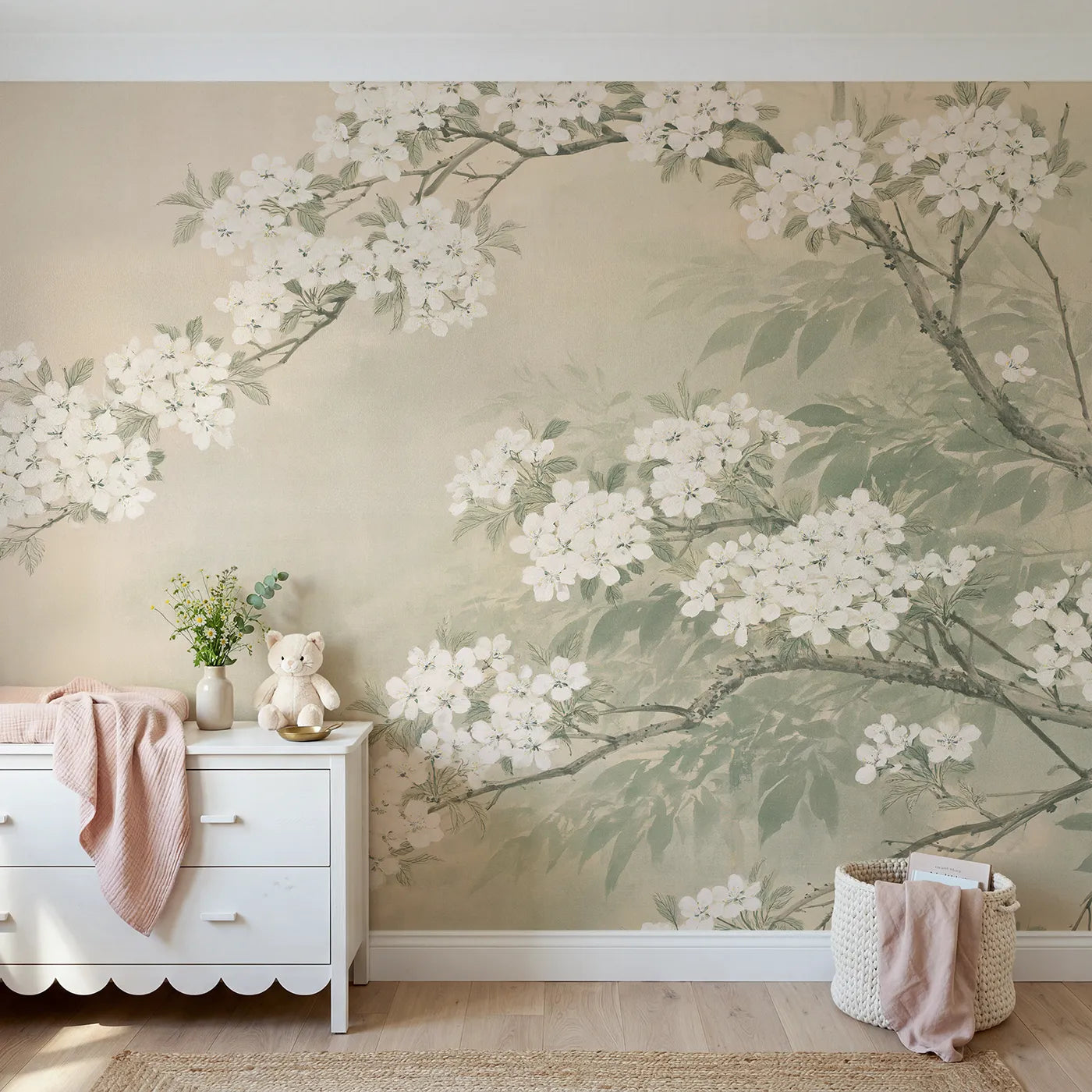 Botanical Elegance apple boughs in blush-white blossom, wall mural for a bedroom by Whimsy Tots