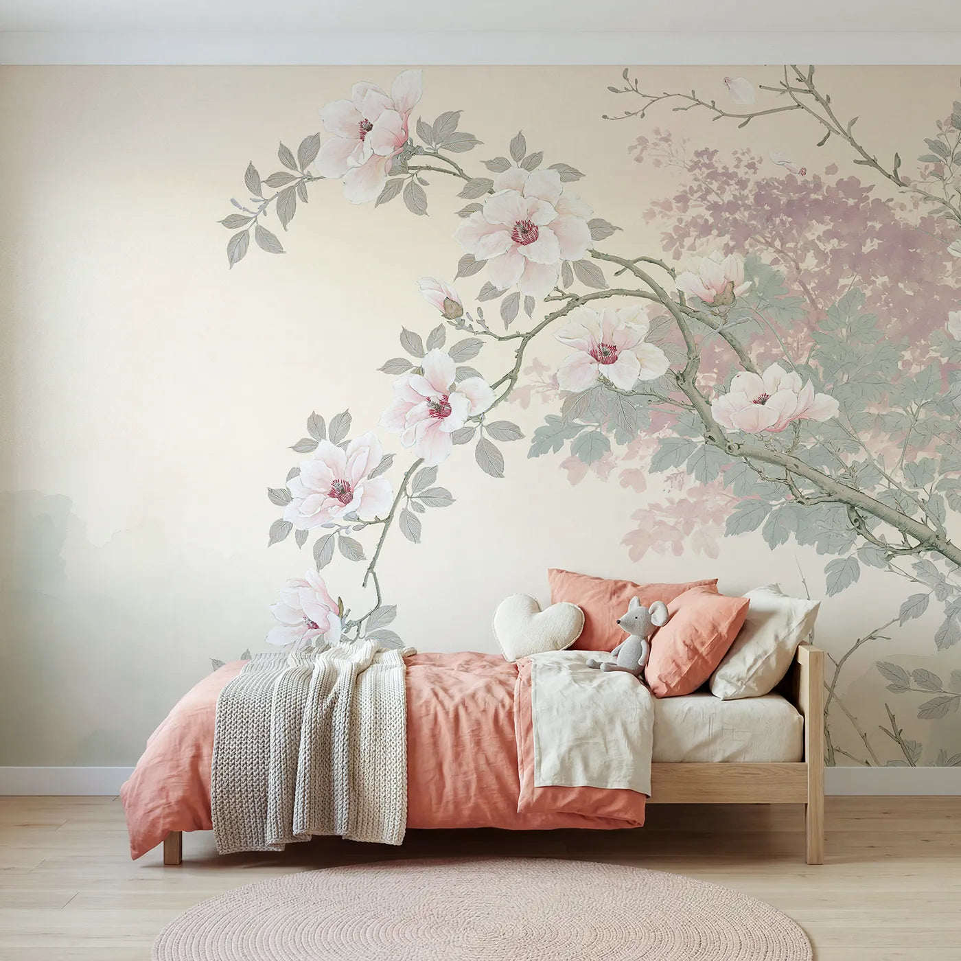 Chinoiserie wall mural of a sweeping magnolia branch by Whimsy Tots