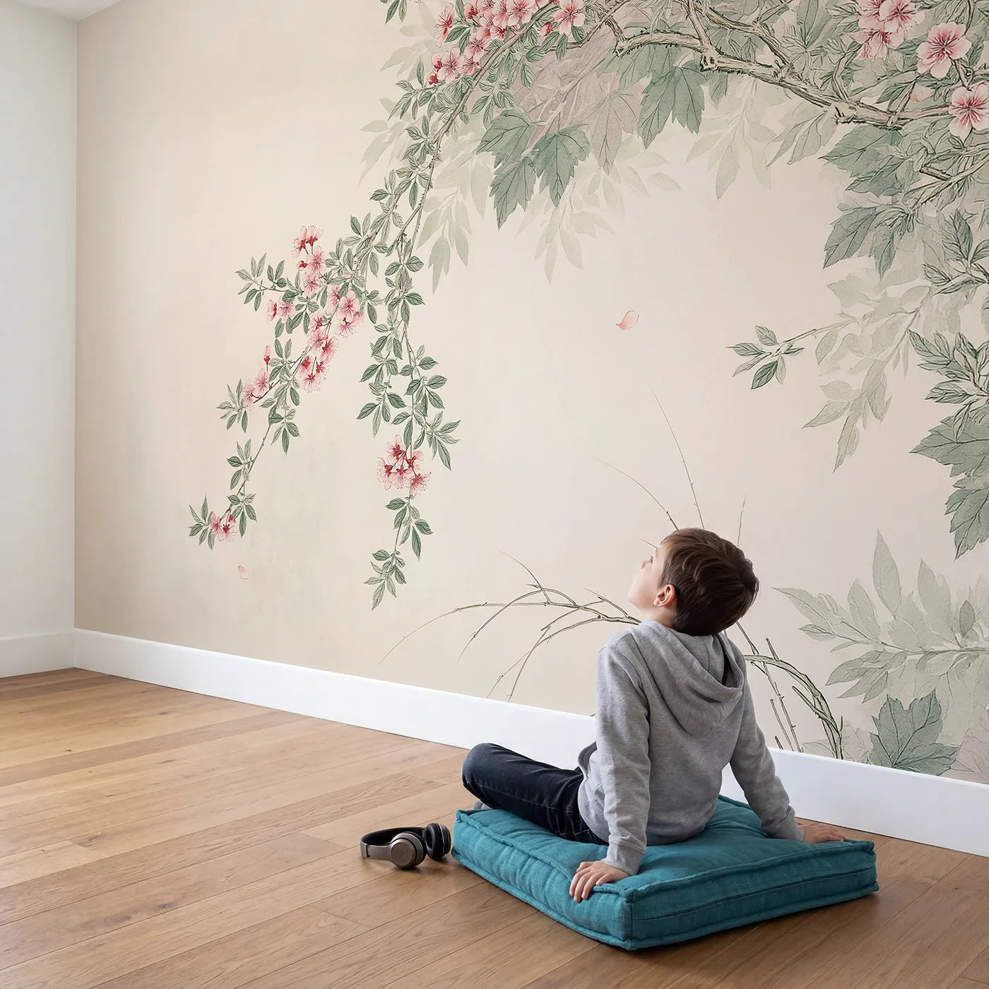 Child in nursery with Plum Blossom Spray Wallpaper Mural by Whimsy Tots