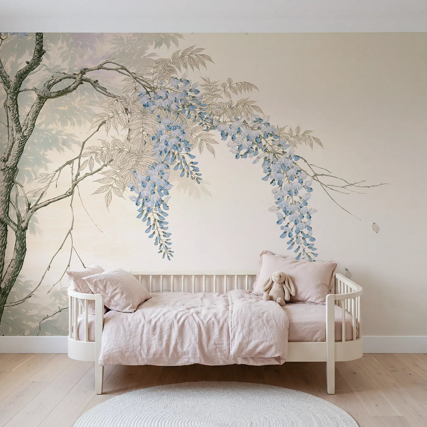 Chinoiserie wall mural of a draping wisteria vine by Whimsy Tots