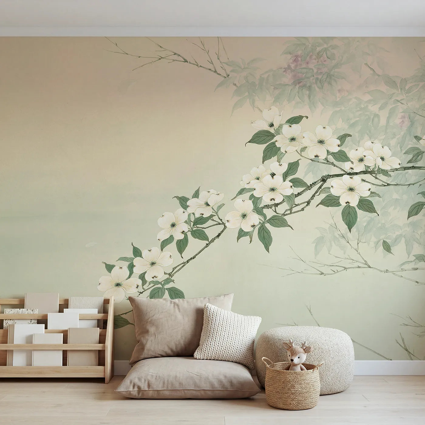 Chinoiserie wall mural of a reaching dogwood branch by Whimsy Tots