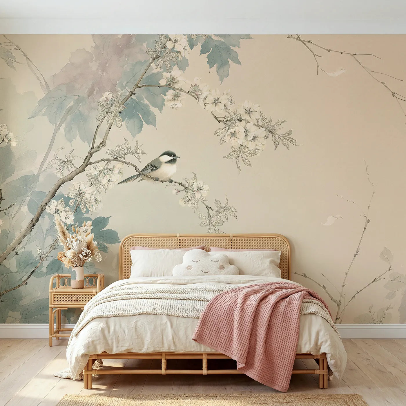 Chinoiserie wall mural of almond blossom and songbird by Whimsy Tots
