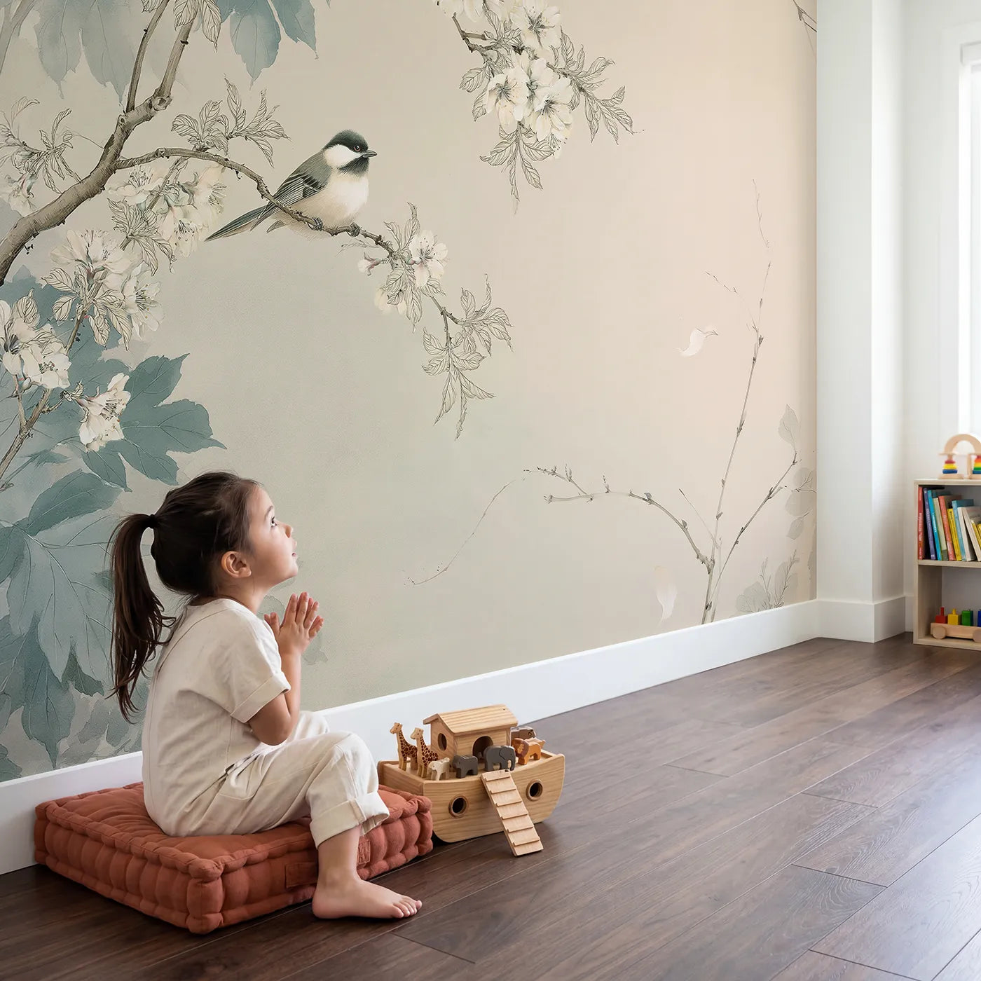 Child in nursery with Almond Blossom Spray Wallpaper Mural by Whimsy Tots