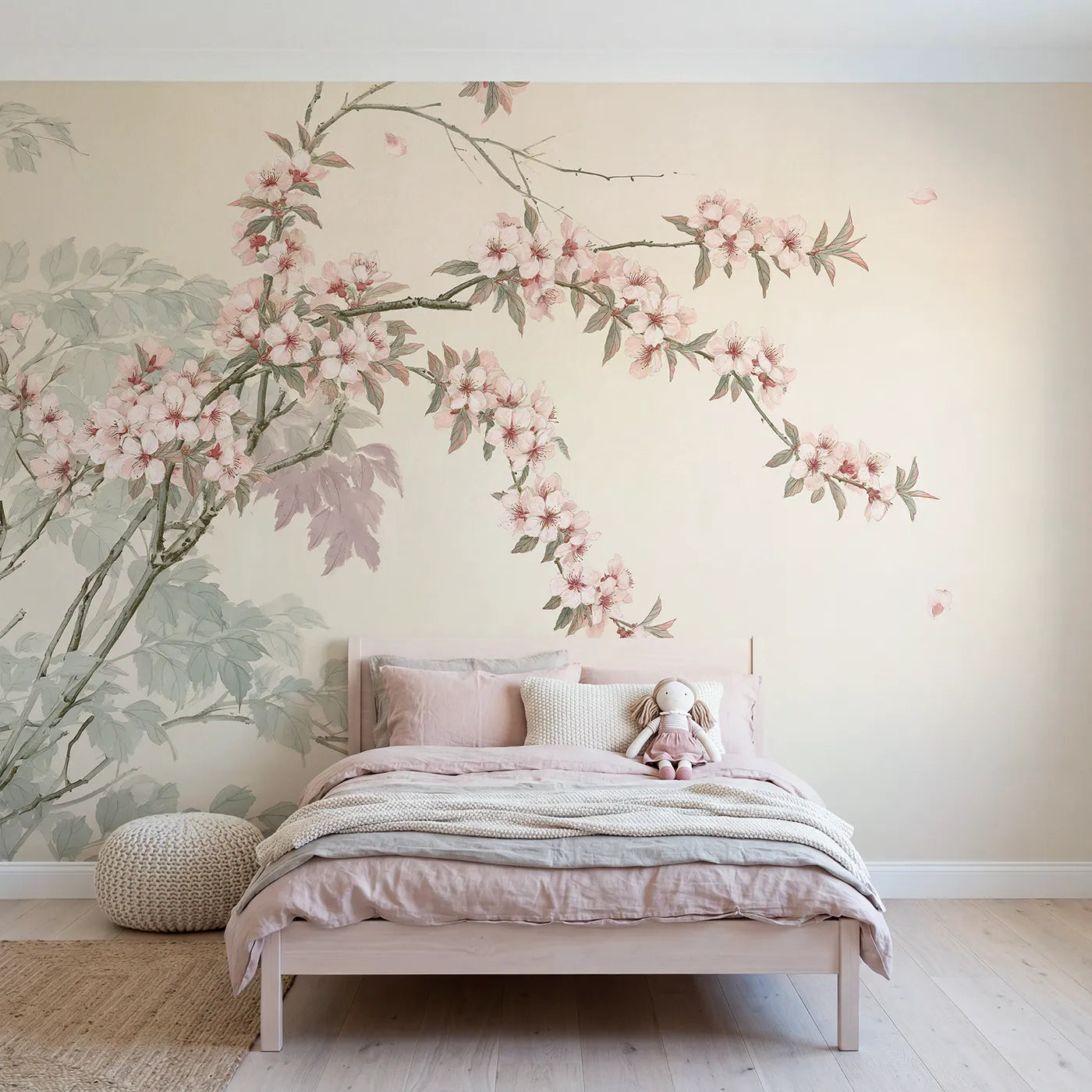 Chinoiserie wall mural of a peach blossom branch by Whimsy Tots