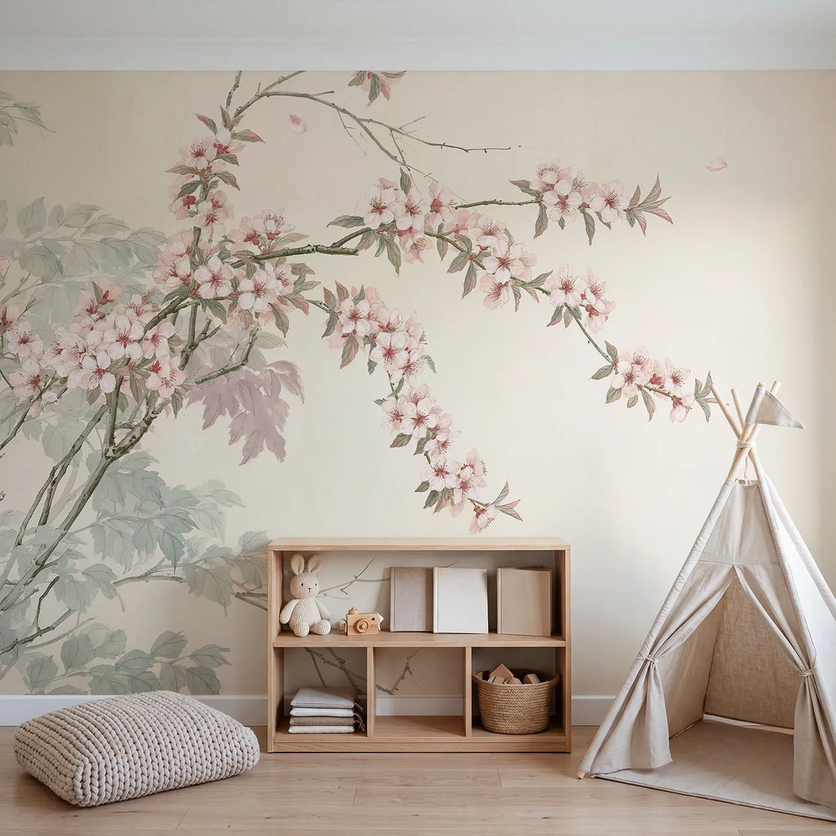 Peach Blossom Branch Wallpaper Mural in playroom setting by Whimsy Tots