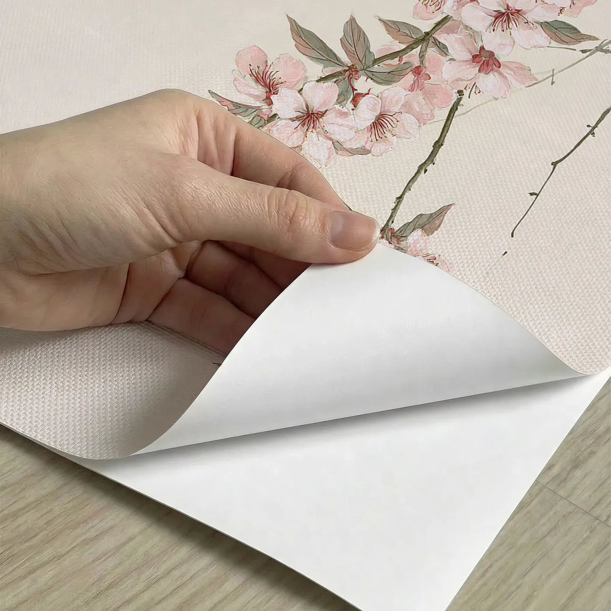Peel-and-stick detail of Peach Blossom Branch Wallpaper Mural by Whimsy Tots