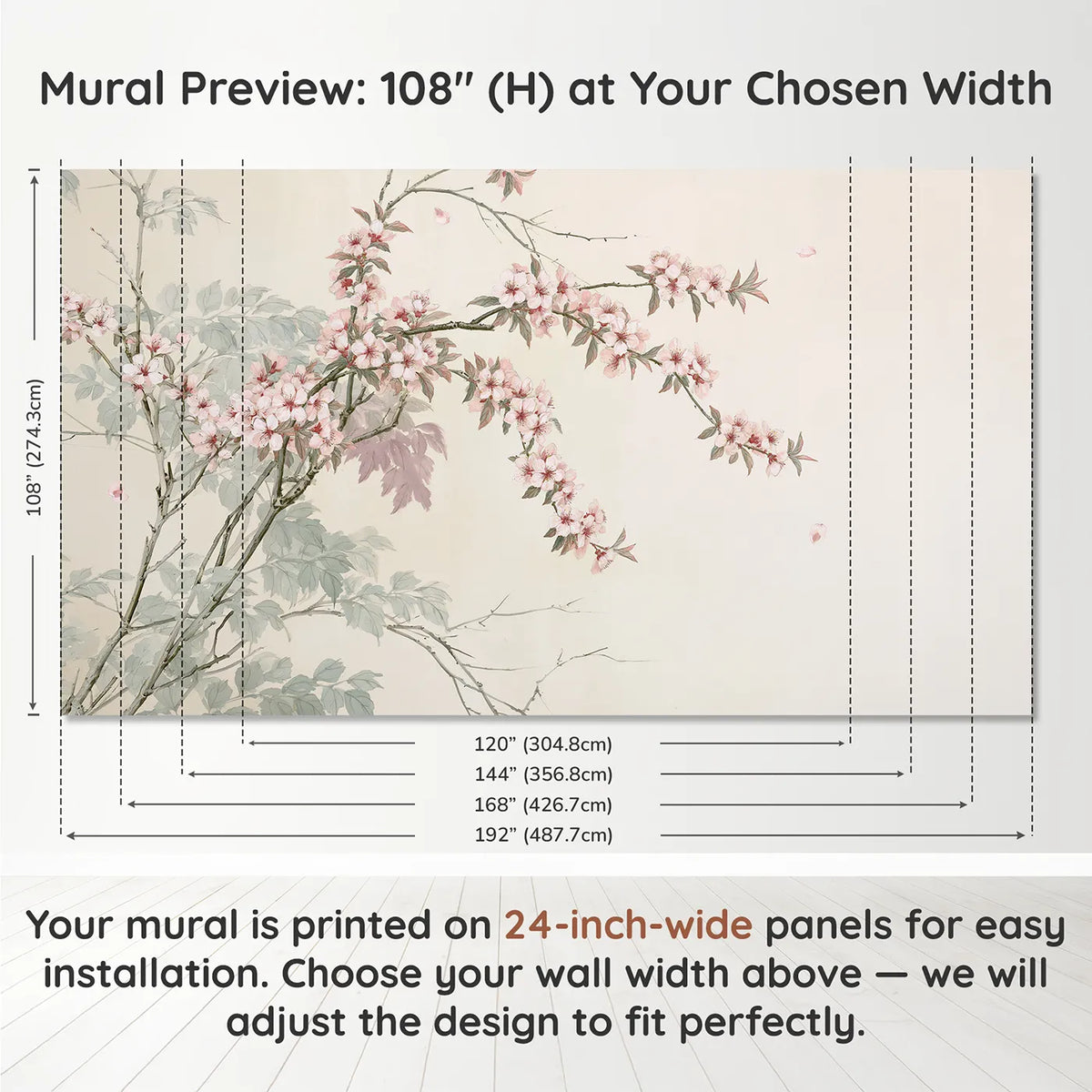 Panel layout and dimensions for Peach Blossom Branch Wallpaper Mural by Whimsy Tots