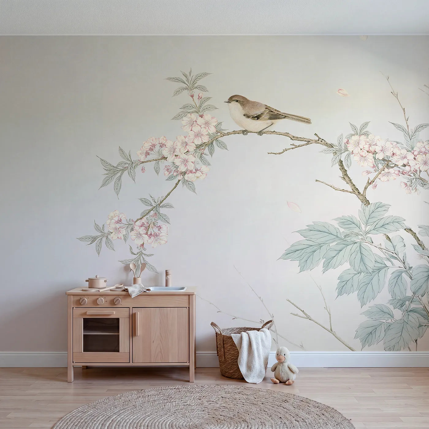 Chinoiserie wall mural of a songbird on a blossom branch by Whimsy Tots