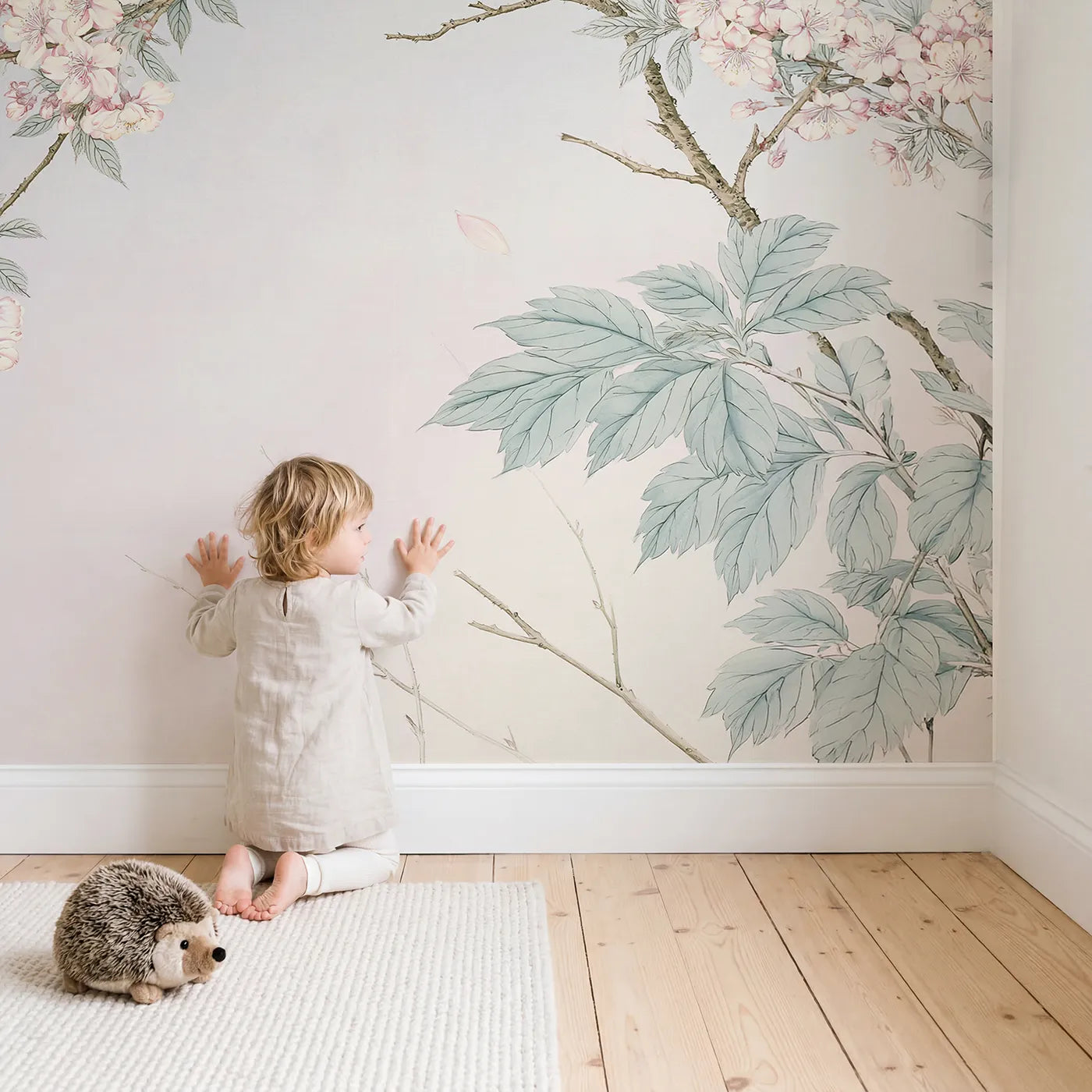 Child in nursery with Blossom Songbird Branch Wallpaper Mural by Whimsy Tots