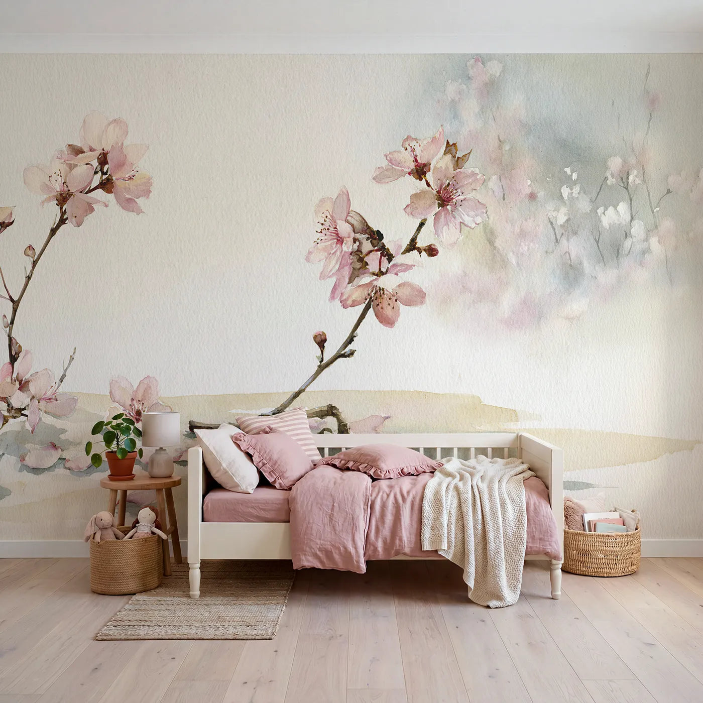 Watercolor wall mural of a cherry blossom sprig by Whimsy Tots