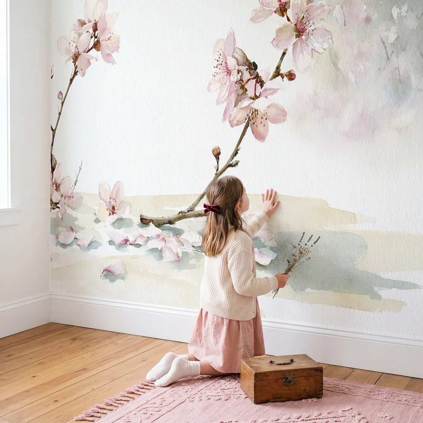 Child in nursery with Cherry Blossom Study Wallpaper Mural by Whimsy Tots