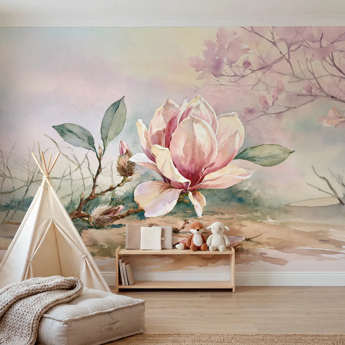 Watercolor wall mural of a large magnolia bloom by Whimsy Tots