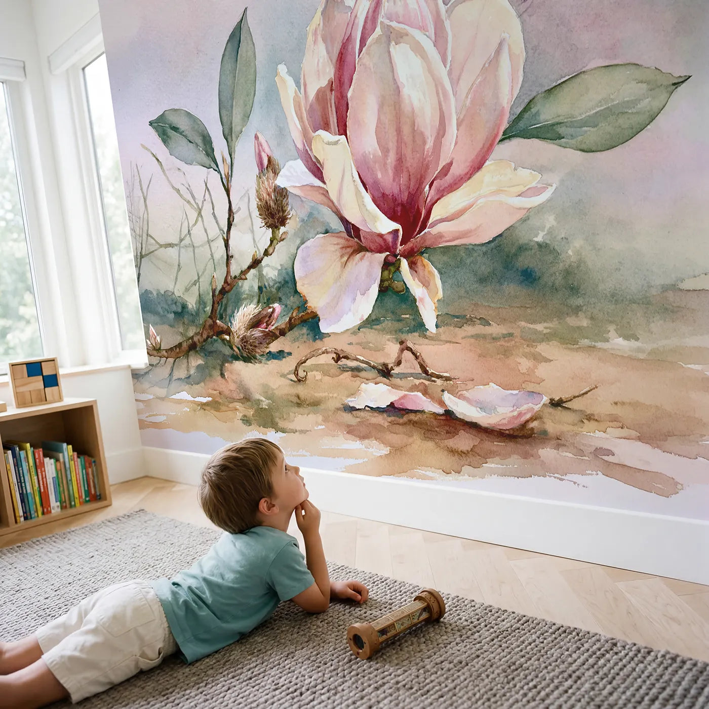 Child in nursery with Magnolia Bloom Study Wallpaper Mural by Whimsy Tots