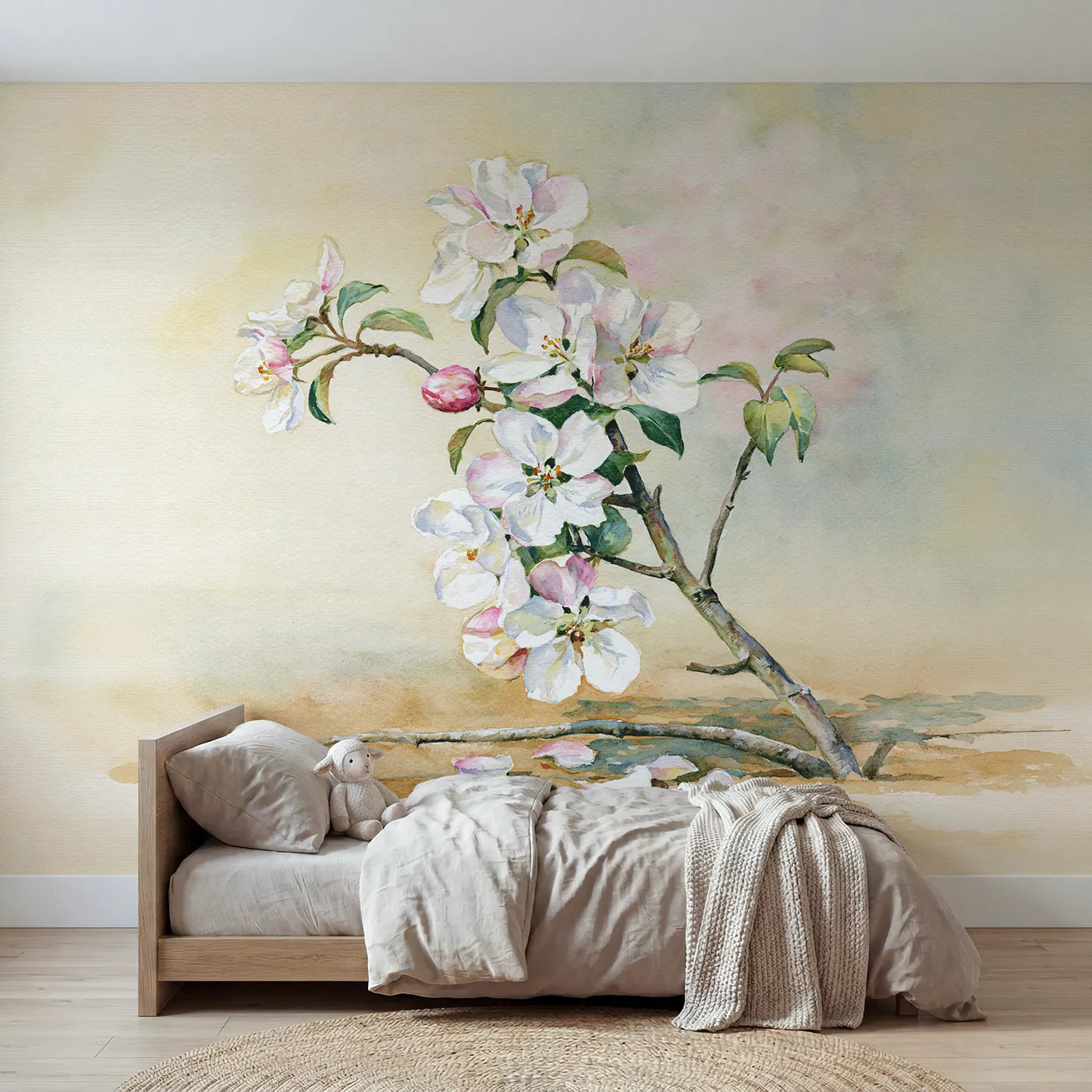 Watercolor wall mural of an apple blossom sprig by Whimsy Tots
