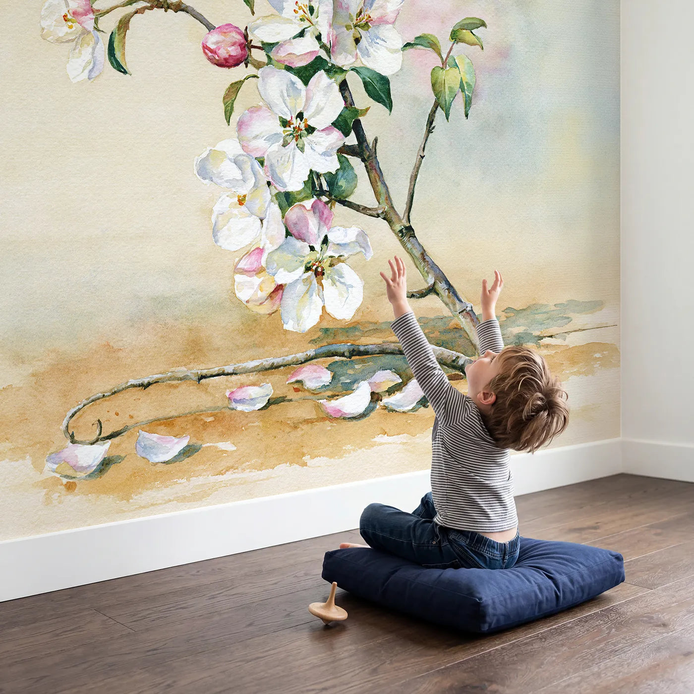 Child in nursery with Apple Blossom Study Wallpaper Mural by Whimsy Tots