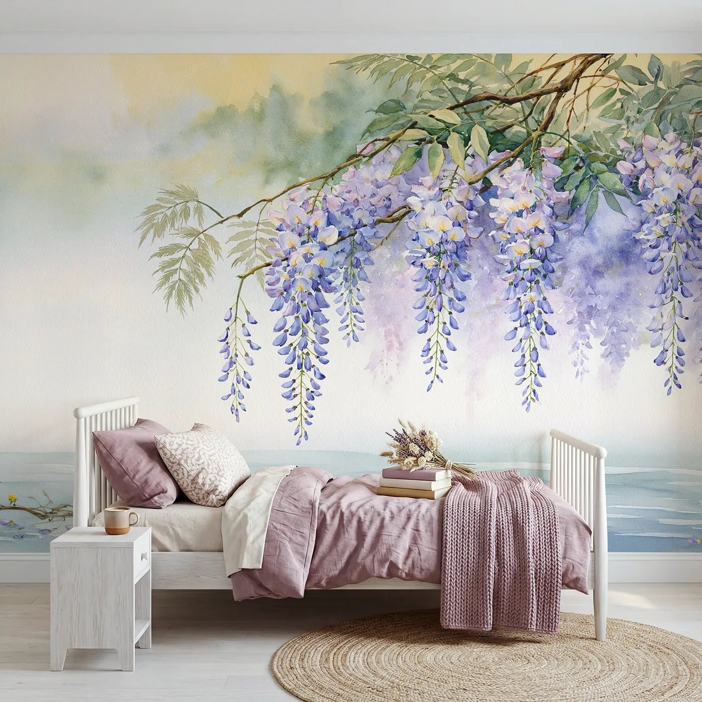 Watercolor wall mural of a wisteria bloom cluster by Whimsy Tots