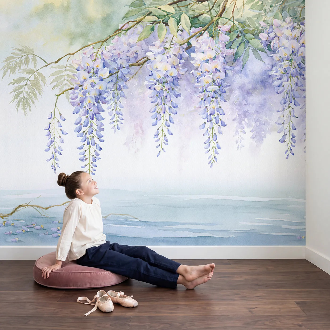 Child in nursery with Wisteria Bloom Study Wallpaper Mural by Whimsy Tots