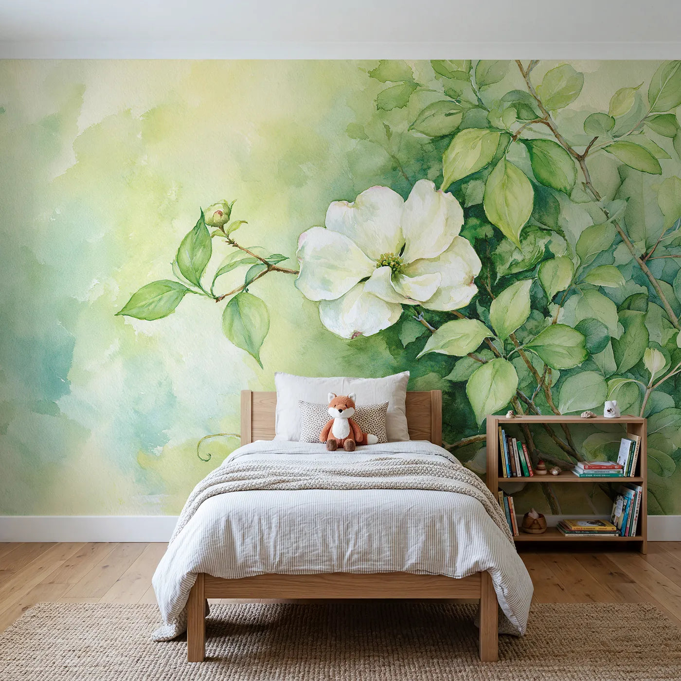 Watercolor wall mural of a four-petalled dogwood bloom by Whimsy Tots