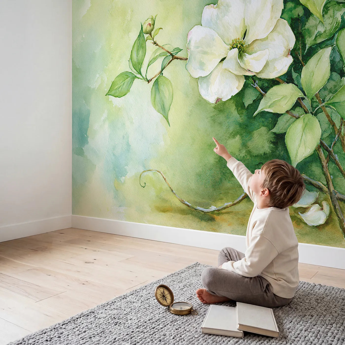 Child in nursery with Dogwood Bloom Study Wallpaper Mural by Whimsy Tots