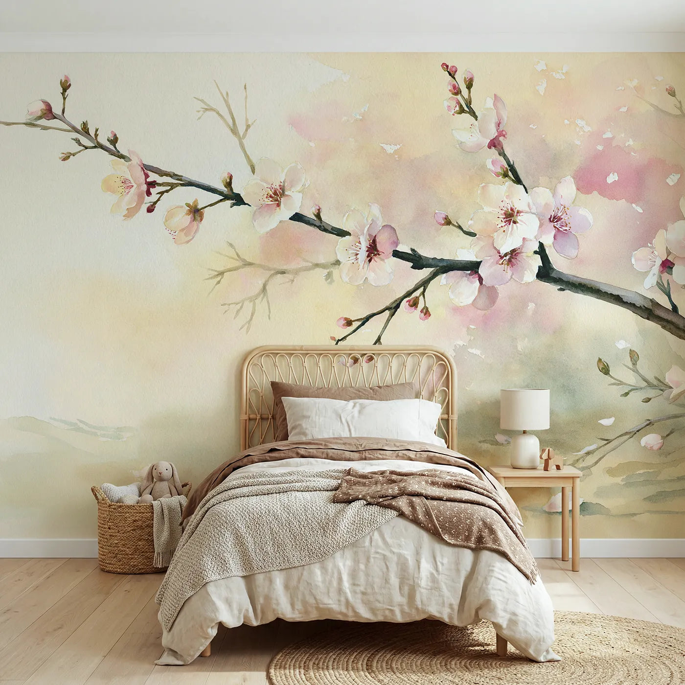 Watercolor wall mural of a pale plum blossom sprig by Whimsy Tots