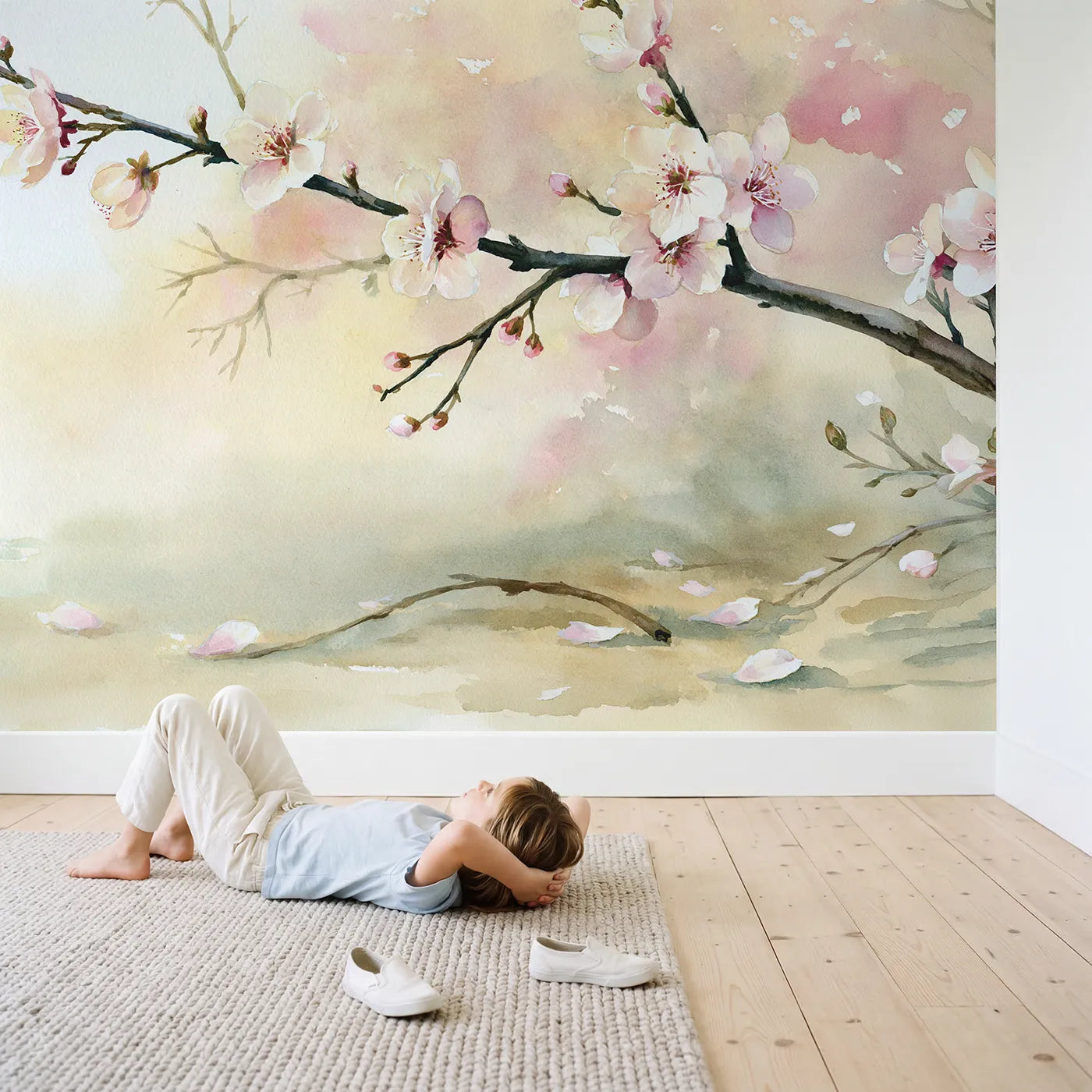 Child in nursery with Plum Blossom Study Wallpaper Mural by Whimsy Tots