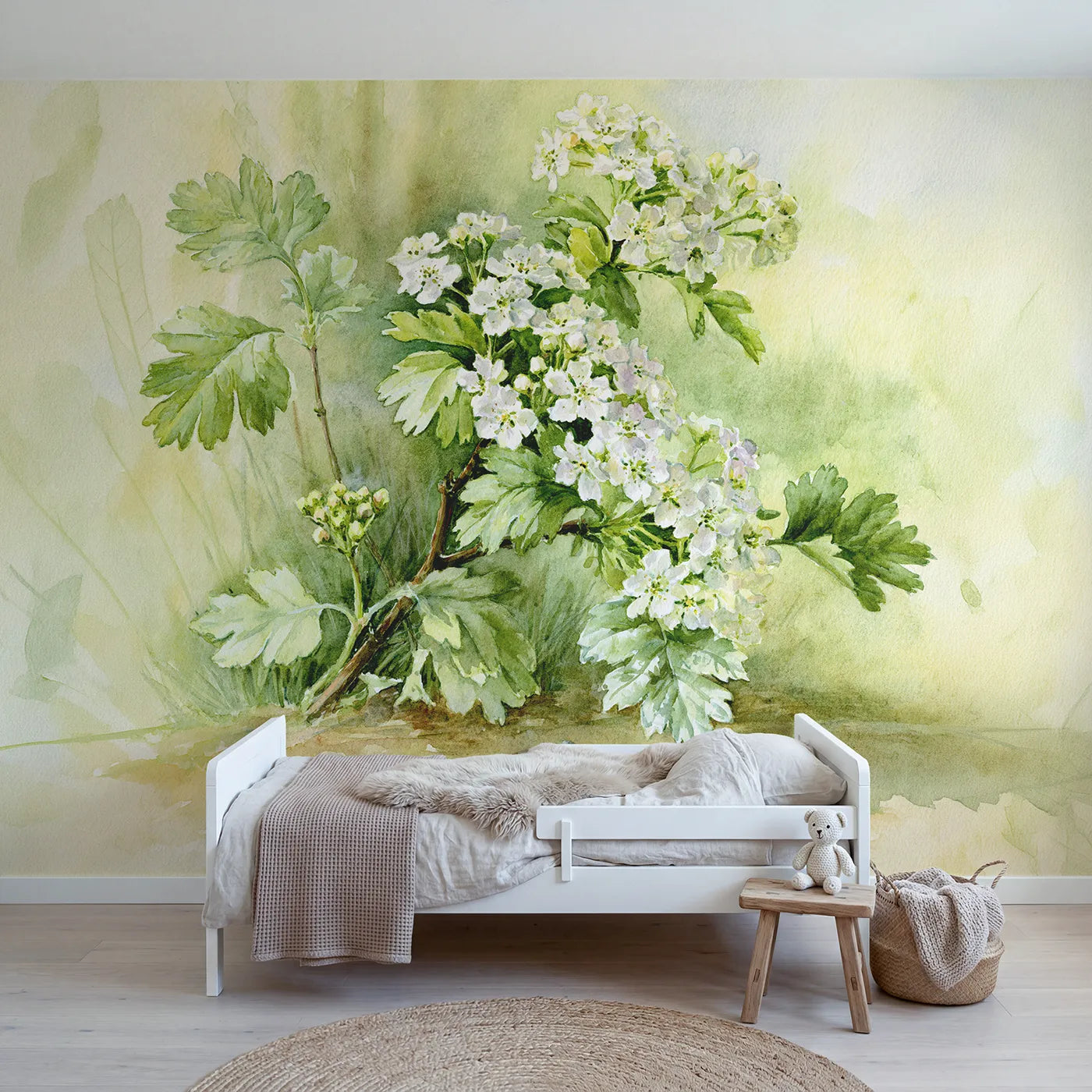 Watercolor wall mural of a hawthorn blossom sprig by Whimsy Tots
